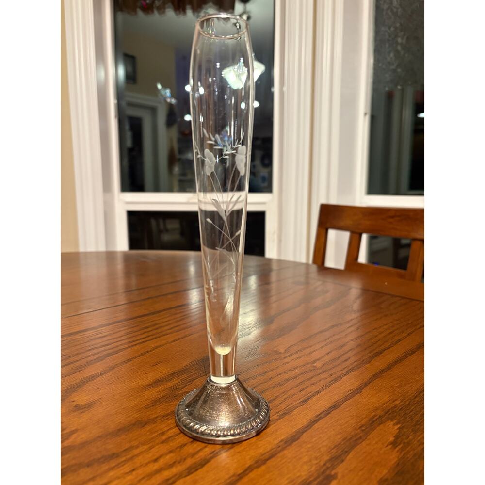 Vintage Duchin Glass Bud Vase with Sterling Silver Base and Floral Etchings
